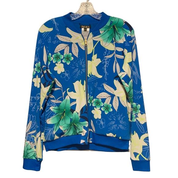 IMAN Bomber Jacket & Tank Top S Floral Tropical Set Slinky Resort Global Chic - Picture 1 of 14